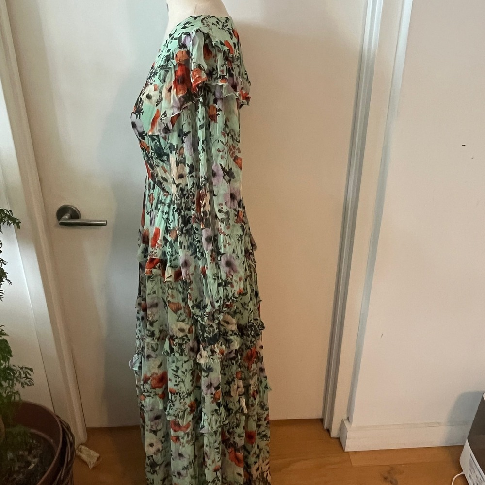NWOT BHLDN Romantic Mint Floral Chiffon Plunge Long-Sleeve Ruffle Maxi Dress - Picture 4 of 12